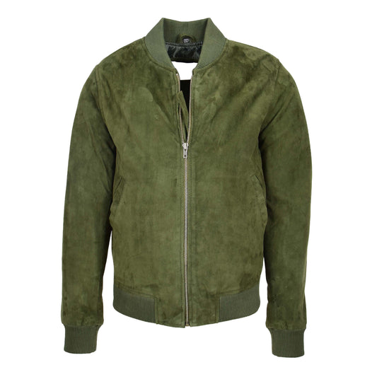 Mens Suede MA-1 Bomber Jacket Trevor Green - genuine suede jacket in green with bomber