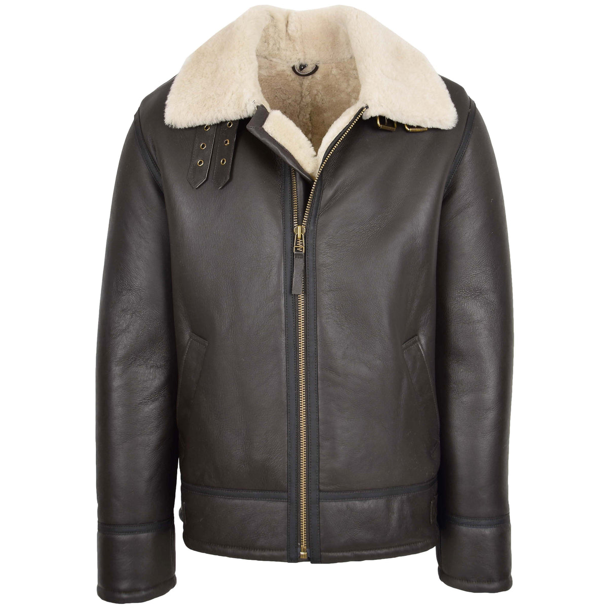 Mens Top Gun Style Sheepskin Jacket Oscar Brown White - genuine sheepskin jacket in brown white with two outer pockets