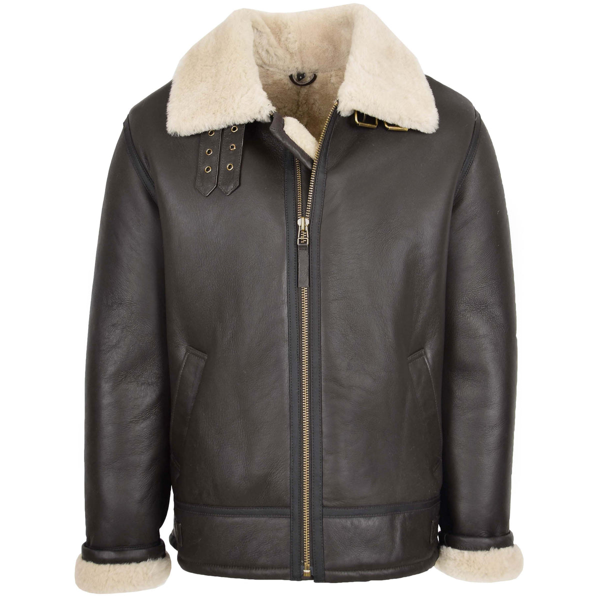 Mens Top Gun Style Sheepskin Jacket Oscar Brown White - genuine sheepskin jacket in brown white with two outer pockets