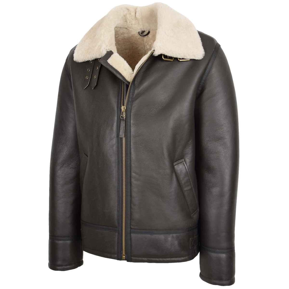 Mens Top Gun Style Sheepskin Jacket Oscar Brown White - genuine sheepskin jacket in brown white with two outer pockets