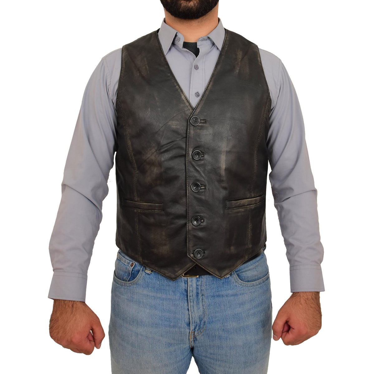 Mens Button Fastening Leather Waistcoat Nick Black Vintage - genuine leather vest in black vintage with two outer pockets