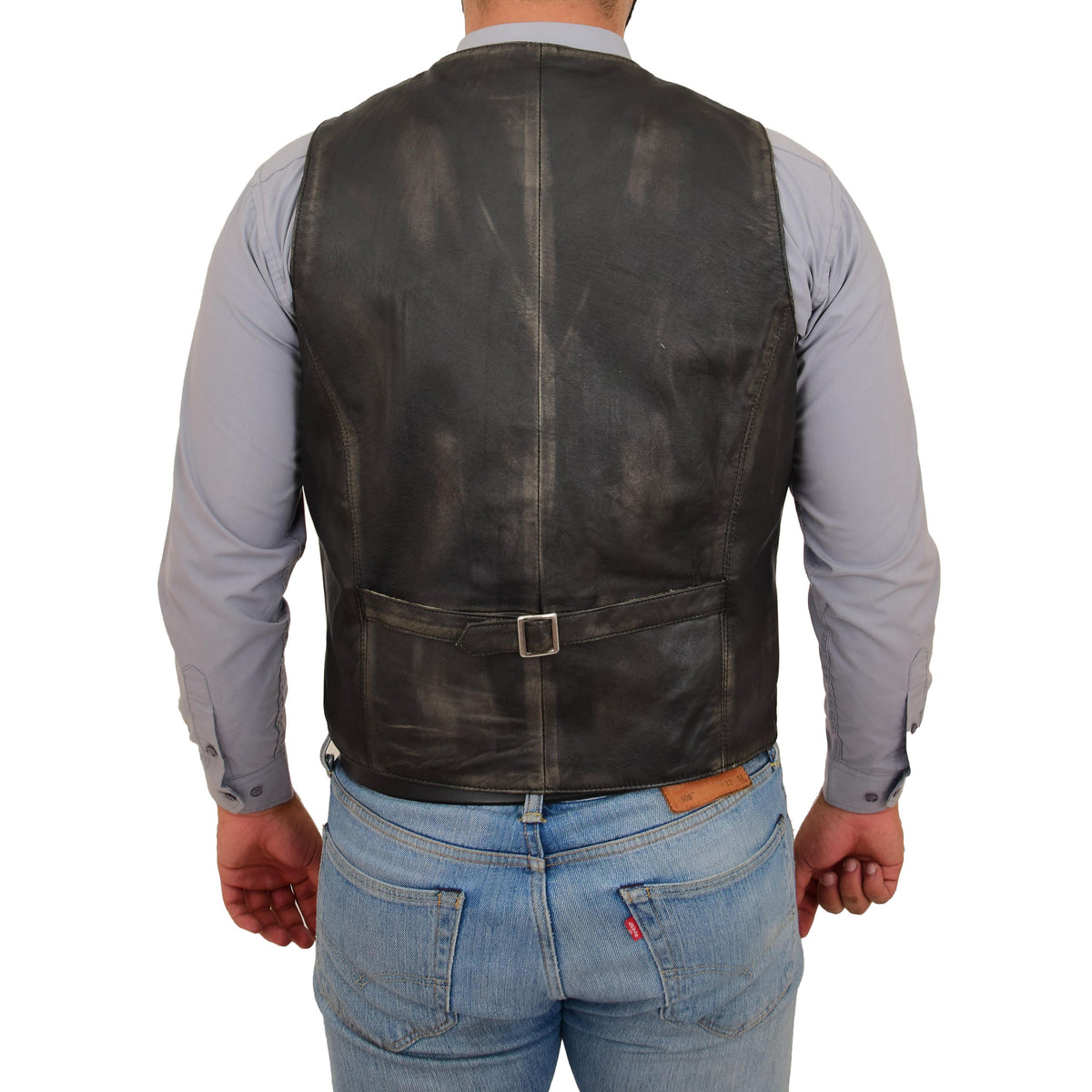 Mens Button Fastening Leather Waistcoat Nick Black Vintage - genuine leather vest in black vintage with button fastening