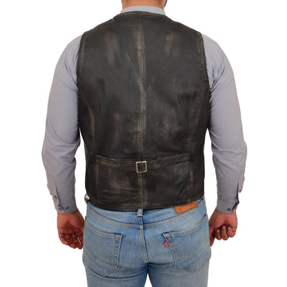 Mens Button Fastening Leather Waistcoat Nick Black Vintage - genuine leather vest in black vintage with button fastening
