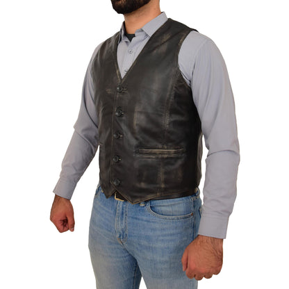 Mens Button Fastening Leather Waistcoat Nick Black Vintage - genuine leather vest in black vintage with vintage