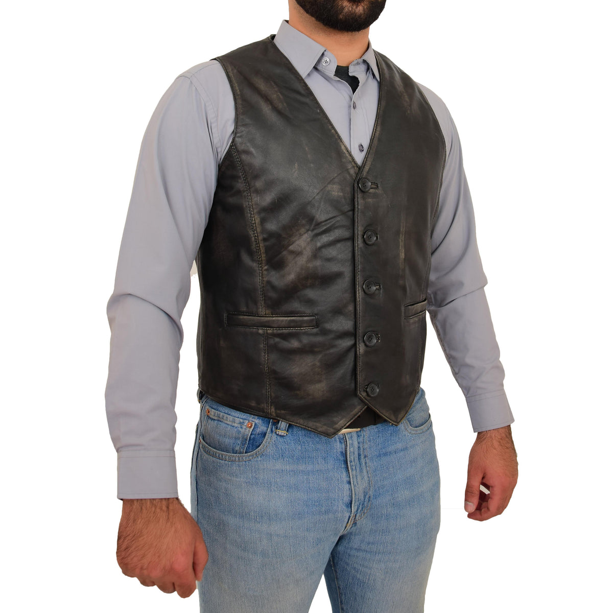 Mens Button Fastening Leather Waistcoat Nick Black Vintage - genuine leather vest in black vintage with waistcoat