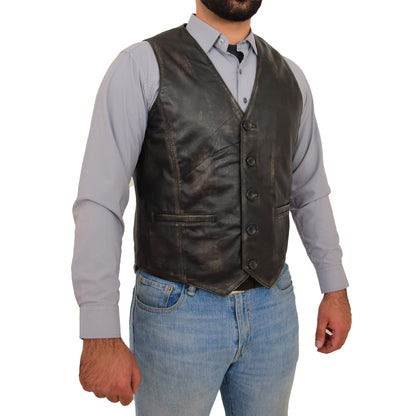 Mens Button Fastening Leather Waistcoat Nick Black Vintage - genuine leather vest in black vintage with waistcoat