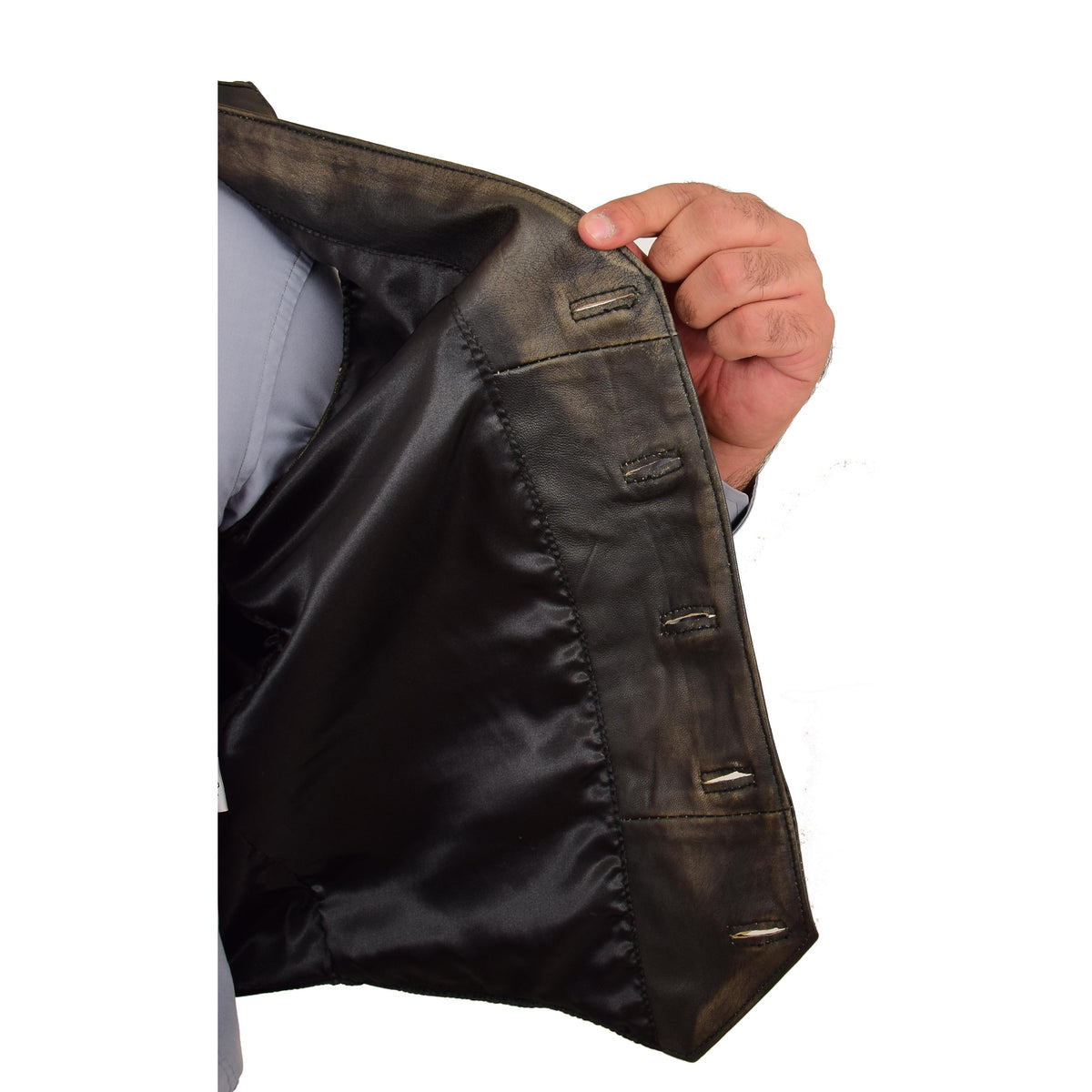 Mens Button Fastening Leather Waistcoat Nick Black Vintage - genuine leather vest in black vintage with two outer pockets