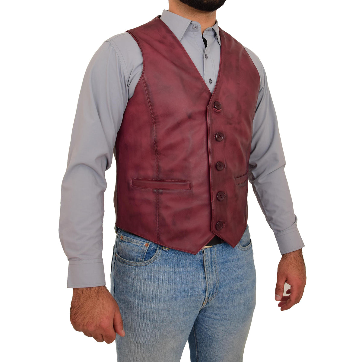 Mens Button Fastening Leather Waistcoat Nick Burgundy - genuine leather vest in burgundy with two outer pockets