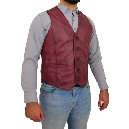 Mens Button Fastening Leather Waistcoat Nick Burgundy - genuine leather vest in burgundy with two outer pockets