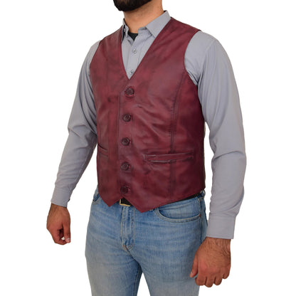 Mens Button Fastening Leather Waistcoat Nick Burgundy - genuine leather vest in burgundy with waistcoat