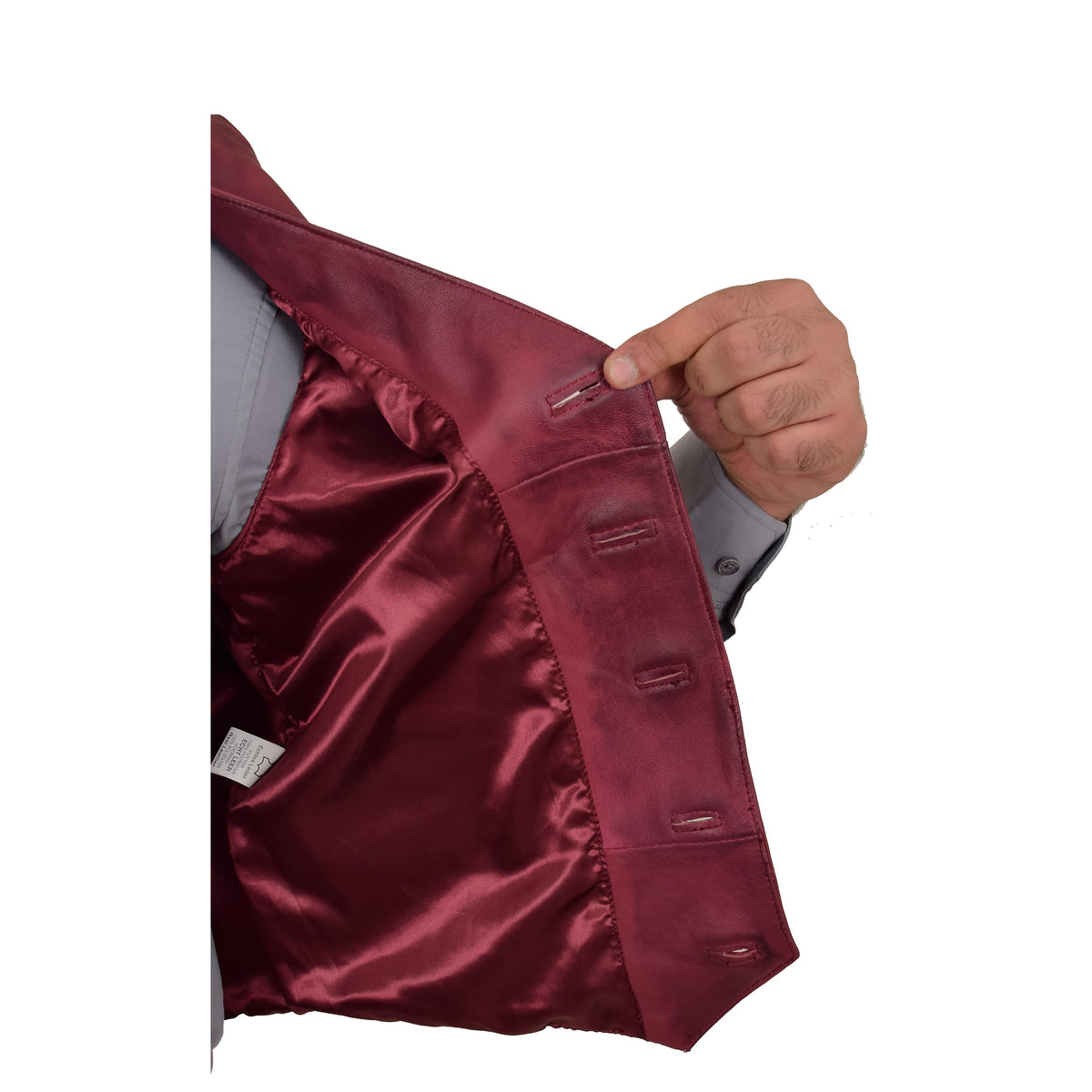 Mens Button Fastening Leather Waistcoat Nick Burgundy - genuine leather vest in burgundy with button fastening