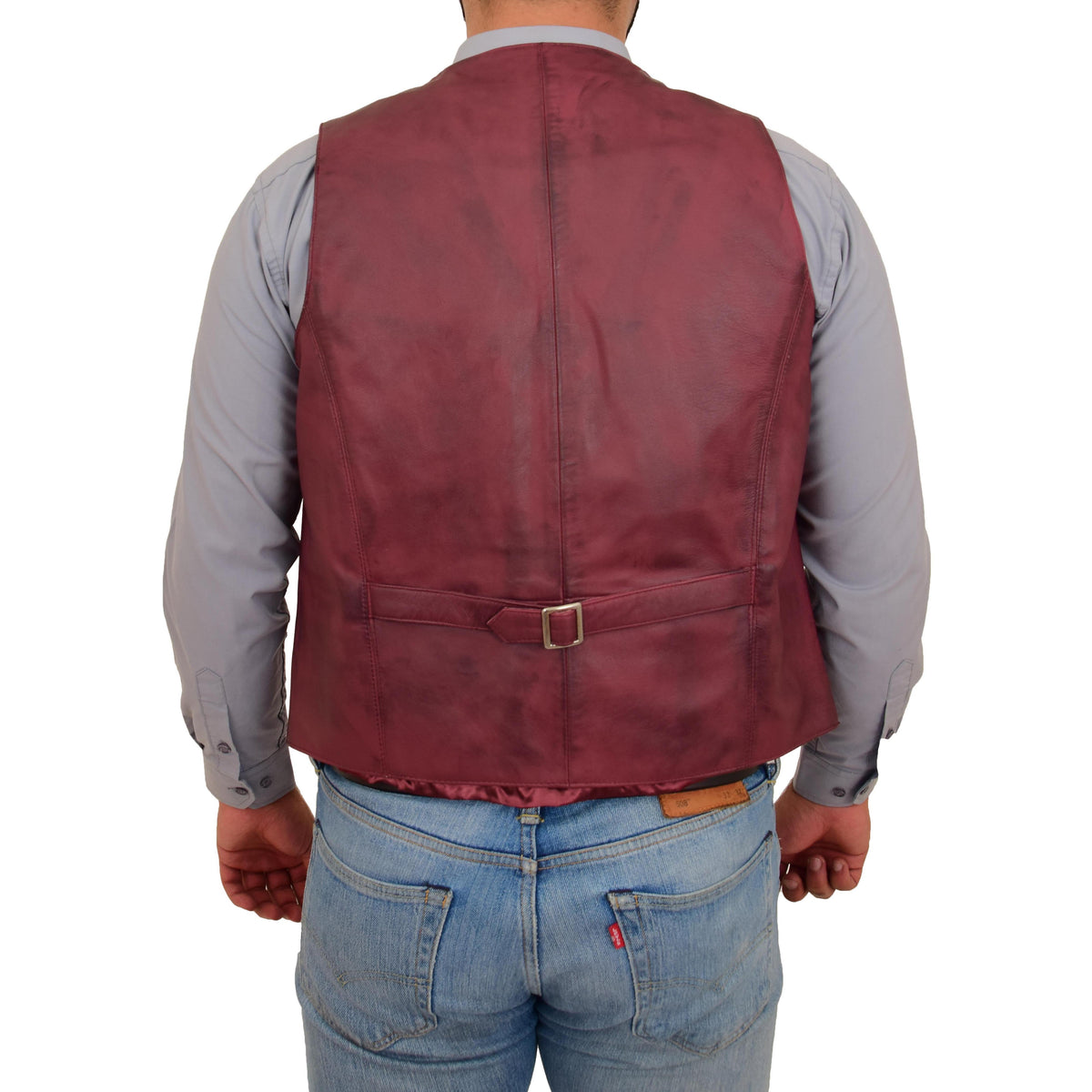 Mens Button Fastening Leather Waistcoat Nick Burgundy - genuine leather vest in burgundy with button fastening