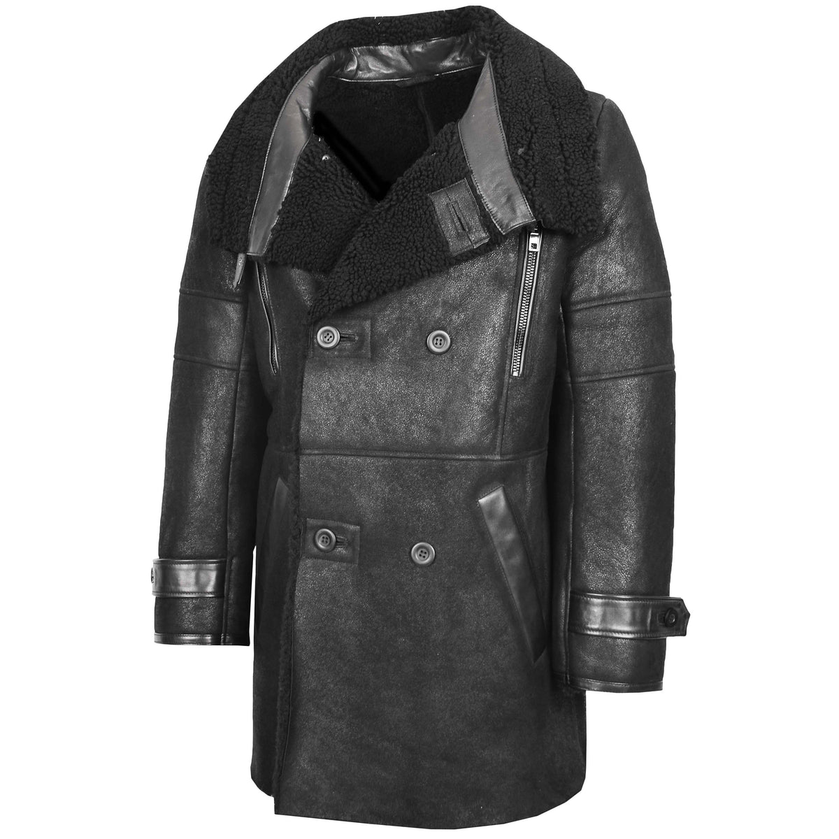 Mens Double Breasted Sheepskin 3/4 Length Coat Bryan Black - genuine sheepskin coat in black with four outer pockets