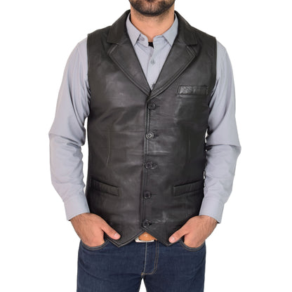 Mens Leather Buttoned Waistcoat Gilet Calvin Black - genuine leather vest in black with three outer pockets