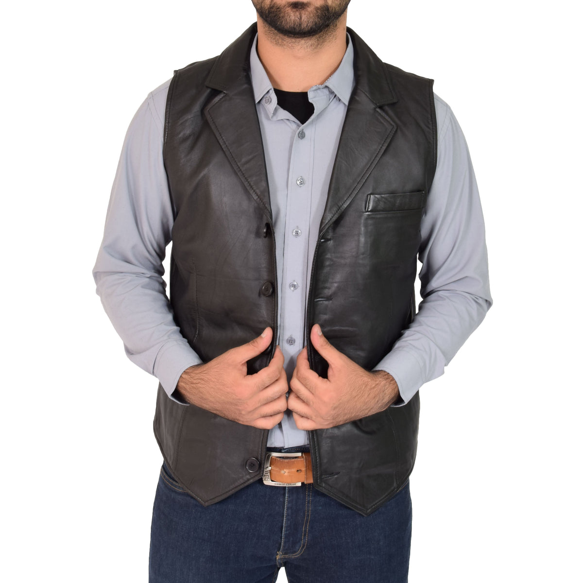 Mens Leather Buttoned Waistcoat Gilet Calvin Black - genuine leather vest in black with three outer pockets