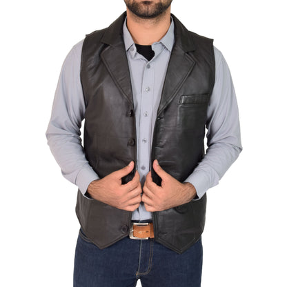 Mens Leather Buttoned Waistcoat Gilet Calvin Black - genuine leather vest in black with three outer pockets
