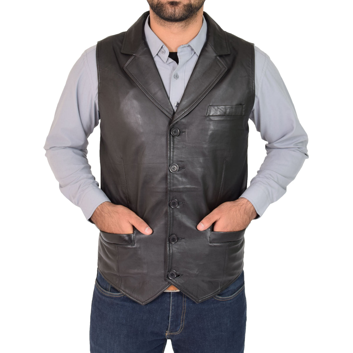 Mens Leather Buttoned Waistcoat Gilet Calvin Black - genuine leather vest in black with gilet