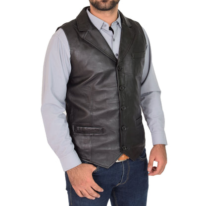 Mens Leather Buttoned Waistcoat Gilet Calvin Black - genuine leather vest in black with waistcoat