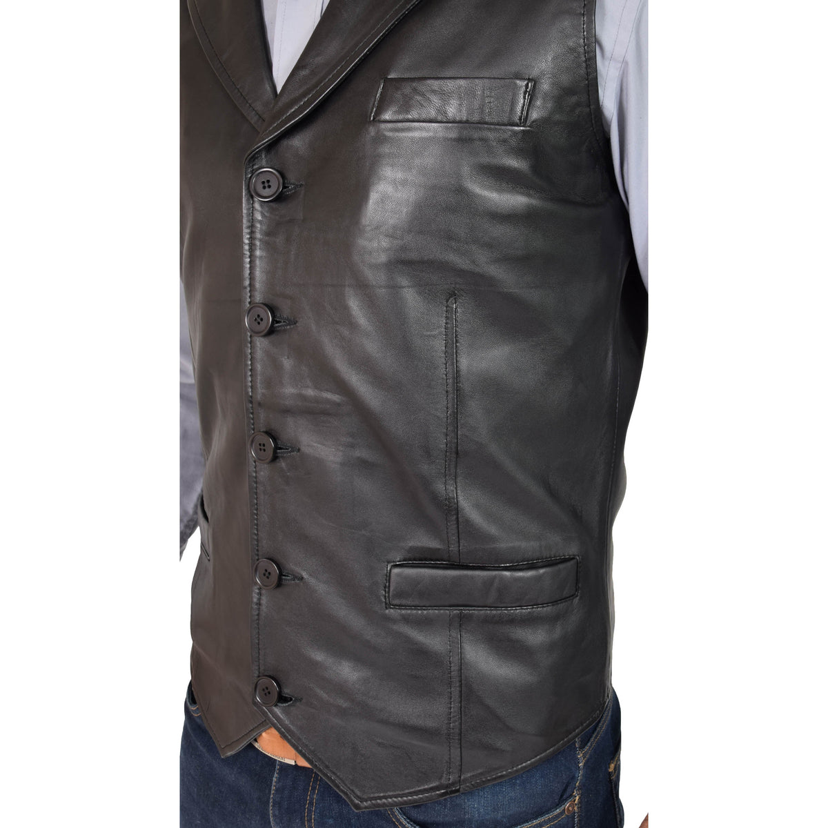 Mens Leather Buttoned Waistcoat Gilet Calvin Black - genuine leather vest in black with three outer pockets