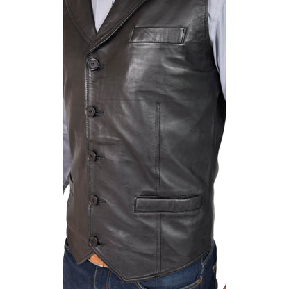 Mens Leather Buttoned Waistcoat Gilet Calvin Black - genuine leather vest in black with three outer pockets