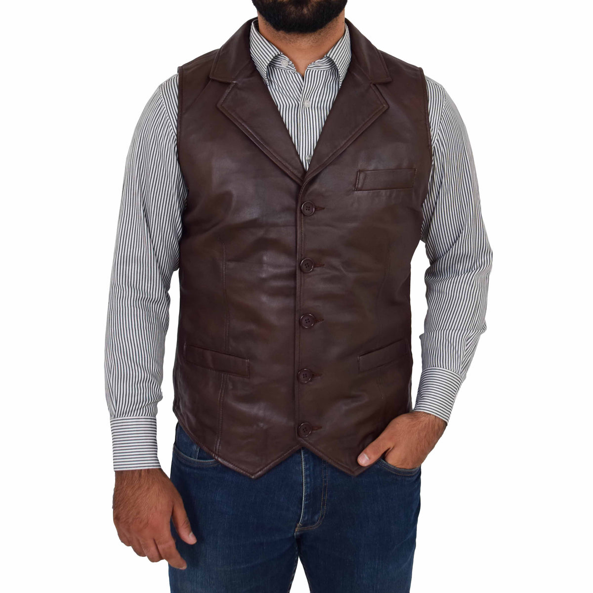 Mens Leather Buttoned Waistcoat Gilet Calvin Brown - genuine leather vest in brown with three outer pockets