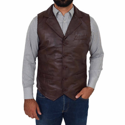Mens Leather Buttoned Waistcoat Gilet Calvin Brown - genuine leather vest in brown with three outer pockets