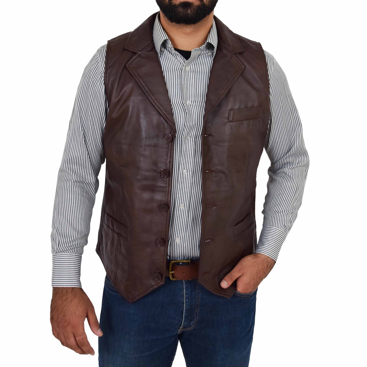 Mens Leather Buttoned Waistcoat Gilet Calvin Brown - genuine leather vest in brown with gilet