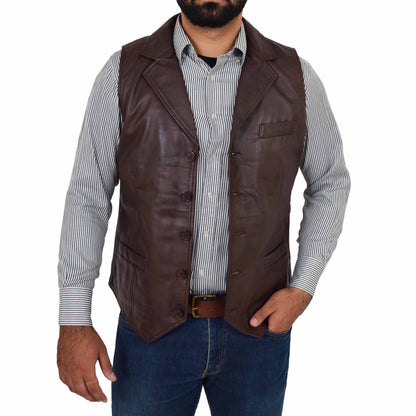 Mens Leather Buttoned Waistcoat Gilet Calvin Brown - genuine leather vest in brown with gilet