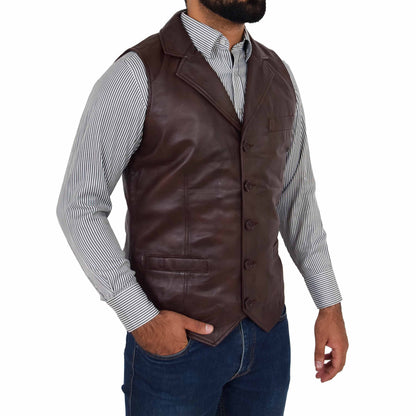 Mens Leather Buttoned Waistcoat Gilet Calvin Brown - genuine leather vest in brown with waistcoat