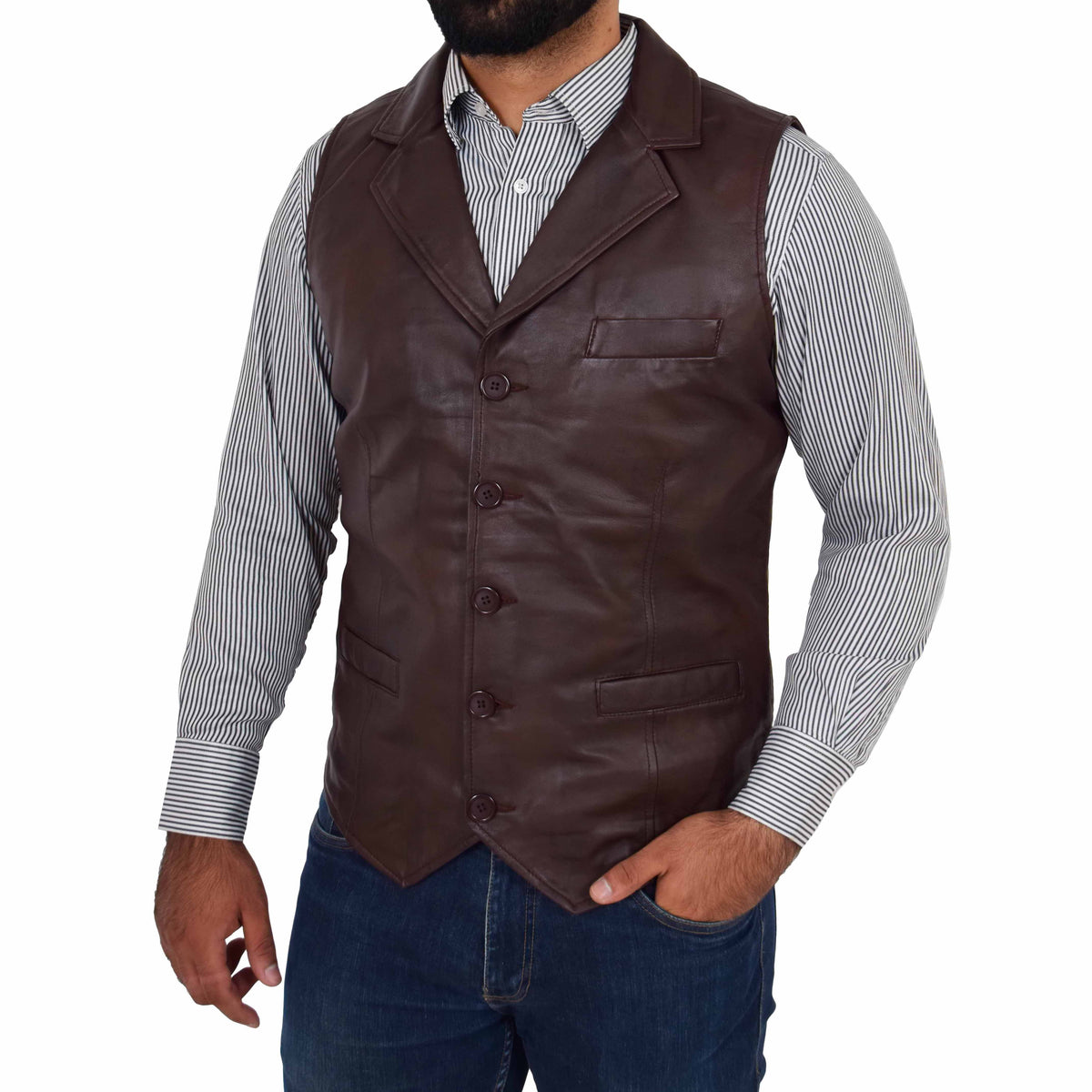 Mens Leather Buttoned Waistcoat Gilet Calvin Brown - genuine leather vest in brown with three outer pockets