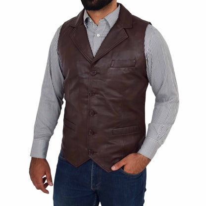 Mens Leather Buttoned Waistcoat Gilet Calvin Brown - genuine leather vest in brown with three outer pockets