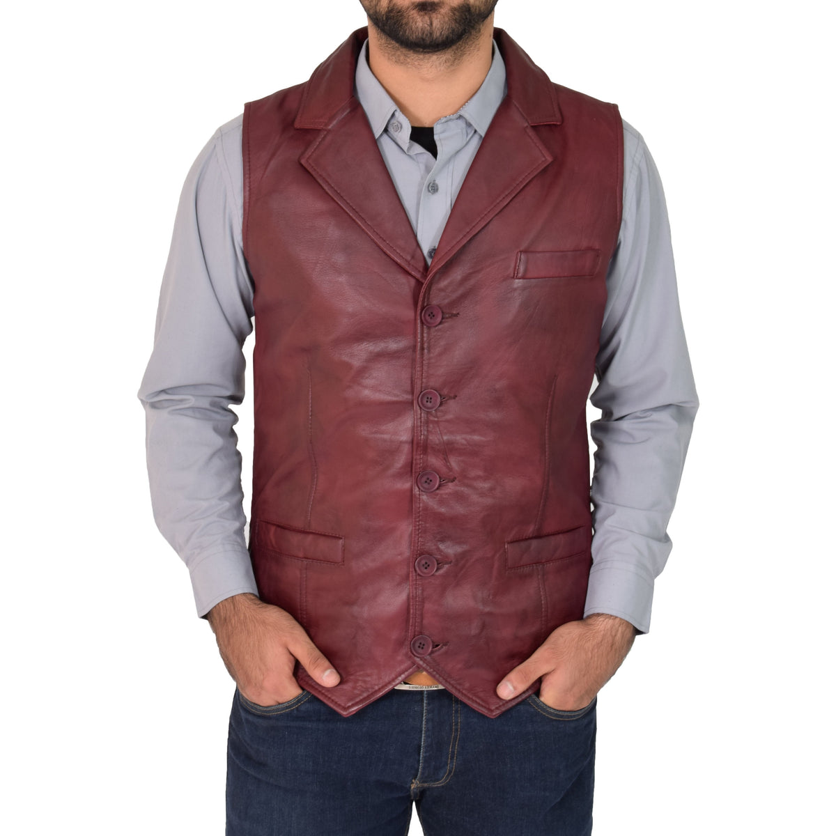Mens Leather Buttoned Waistcoat Gilet Calvin Burgundy - genuine leather vest in burgundy with gilet