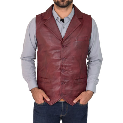 Mens Leather Buttoned Waistcoat Gilet Calvin Burgundy - genuine leather vest in burgundy with gilet
