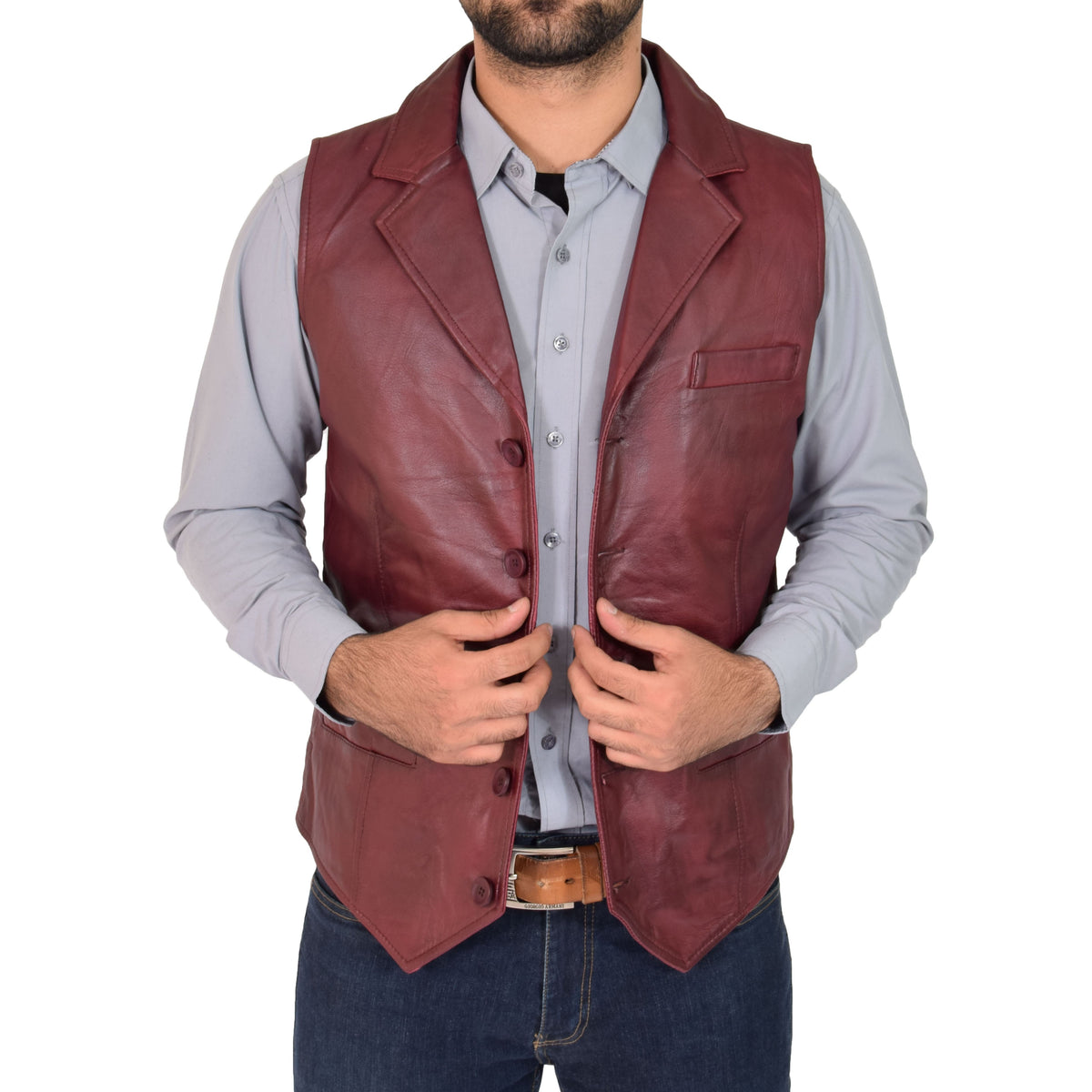 Mens Leather Buttoned Waistcoat Gilet Calvin Burgundy - genuine leather vest in burgundy with three outer pockets