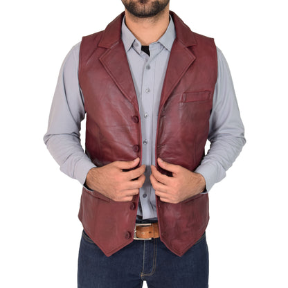 Mens Leather Buttoned Waistcoat Gilet Calvin Burgundy - genuine leather vest in burgundy with three outer pockets