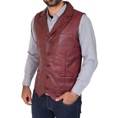 Mens Leather Buttoned Waistcoat Gilet Calvin Burgundy - genuine leather vest in burgundy with waistcoat