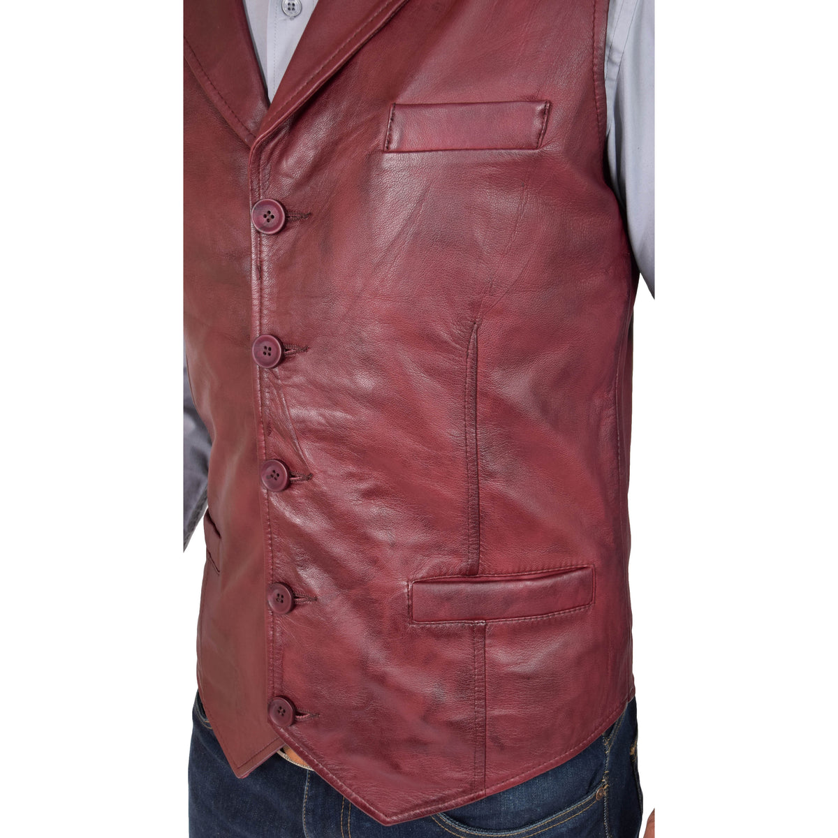 Mens Leather Buttoned Waistcoat Gilet Calvin Burgundy - genuine leather vest in burgundy with three outer pockets