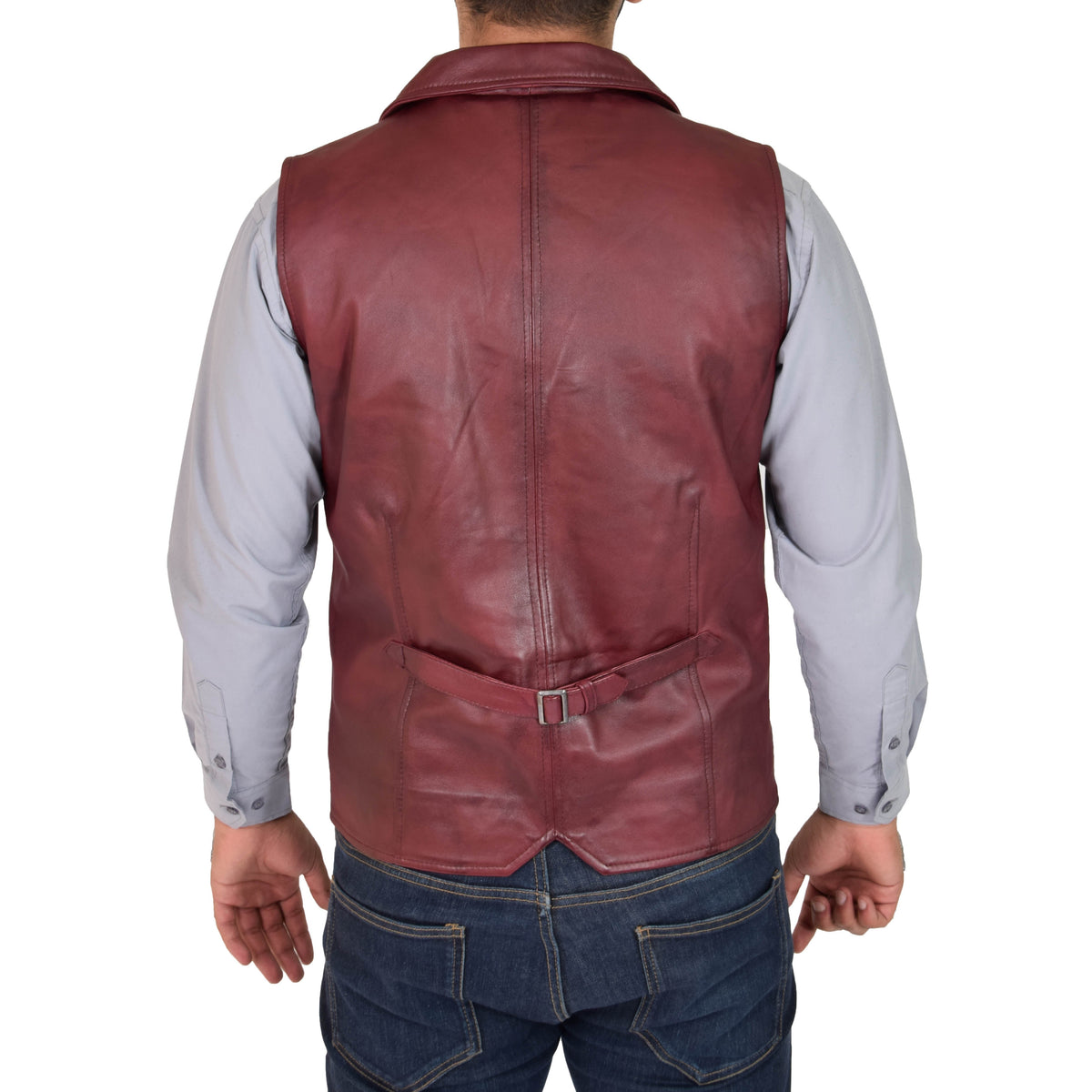 Mens Leather Buttoned Waistcoat Gilet Calvin Burgundy - genuine leather vest in burgundy with gilet