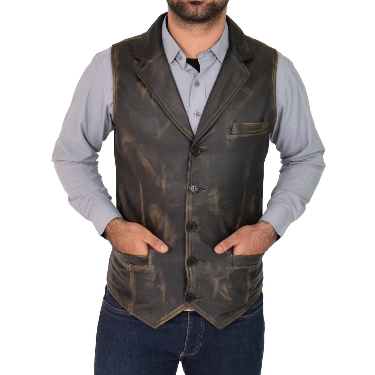 Mens Leather Buttoned Waistcoat Gilet Calvin Rub Off - genuine leather vest with waistcoat