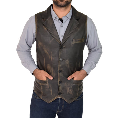 Mens Leather Buttoned Waistcoat Gilet Calvin Rub Off - genuine leather vest with waistcoat