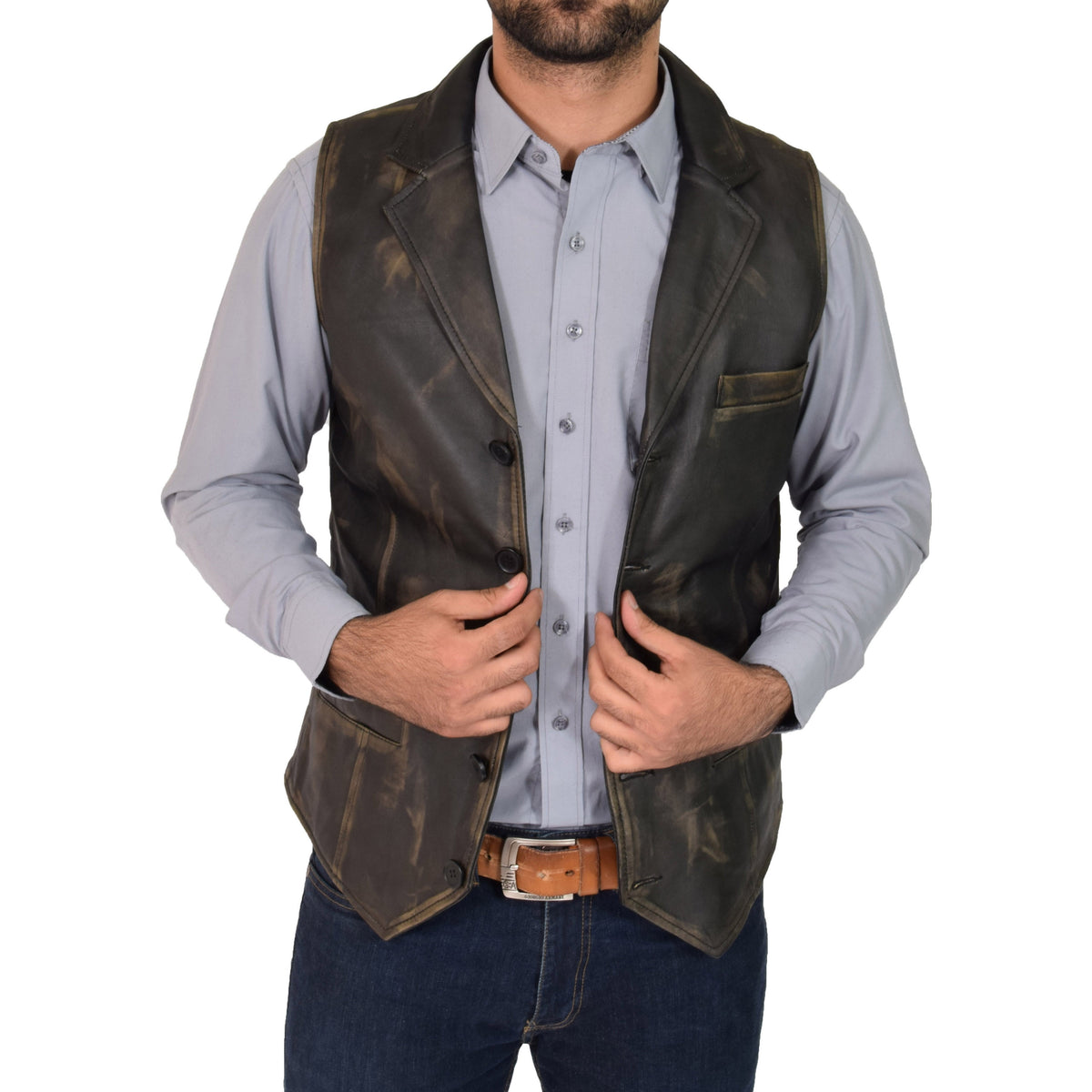 Mens Leather Buttoned Waistcoat Gilet Calvin Rub Off - genuine leather vest with three outer pockets