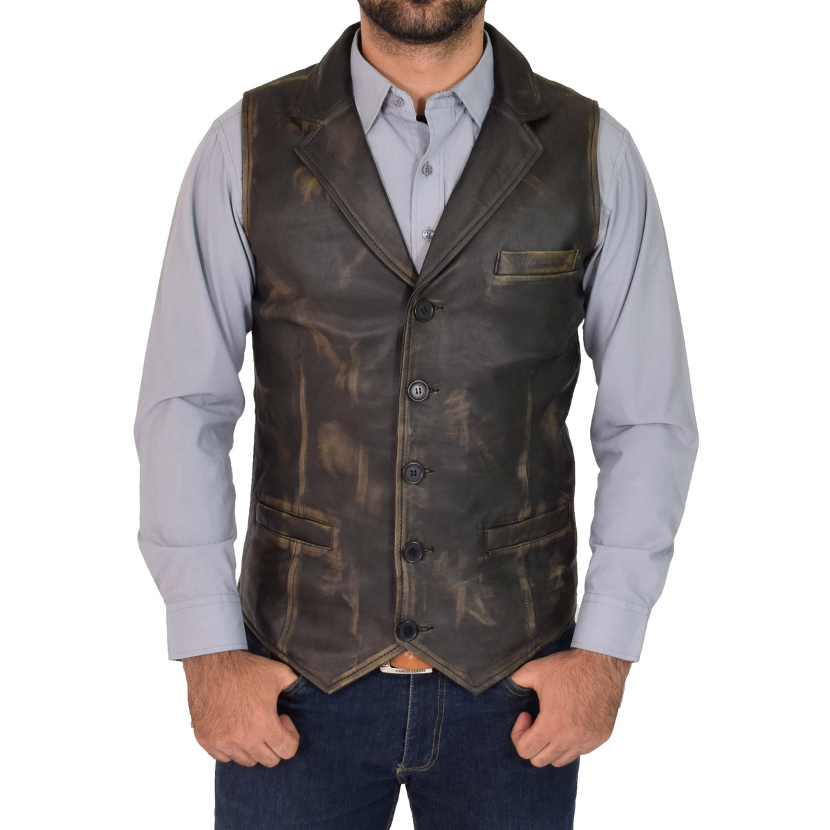 Mens Leather Buttoned Waistcoat Gilet Calvin Rub Off - genuine leather vest with gilet