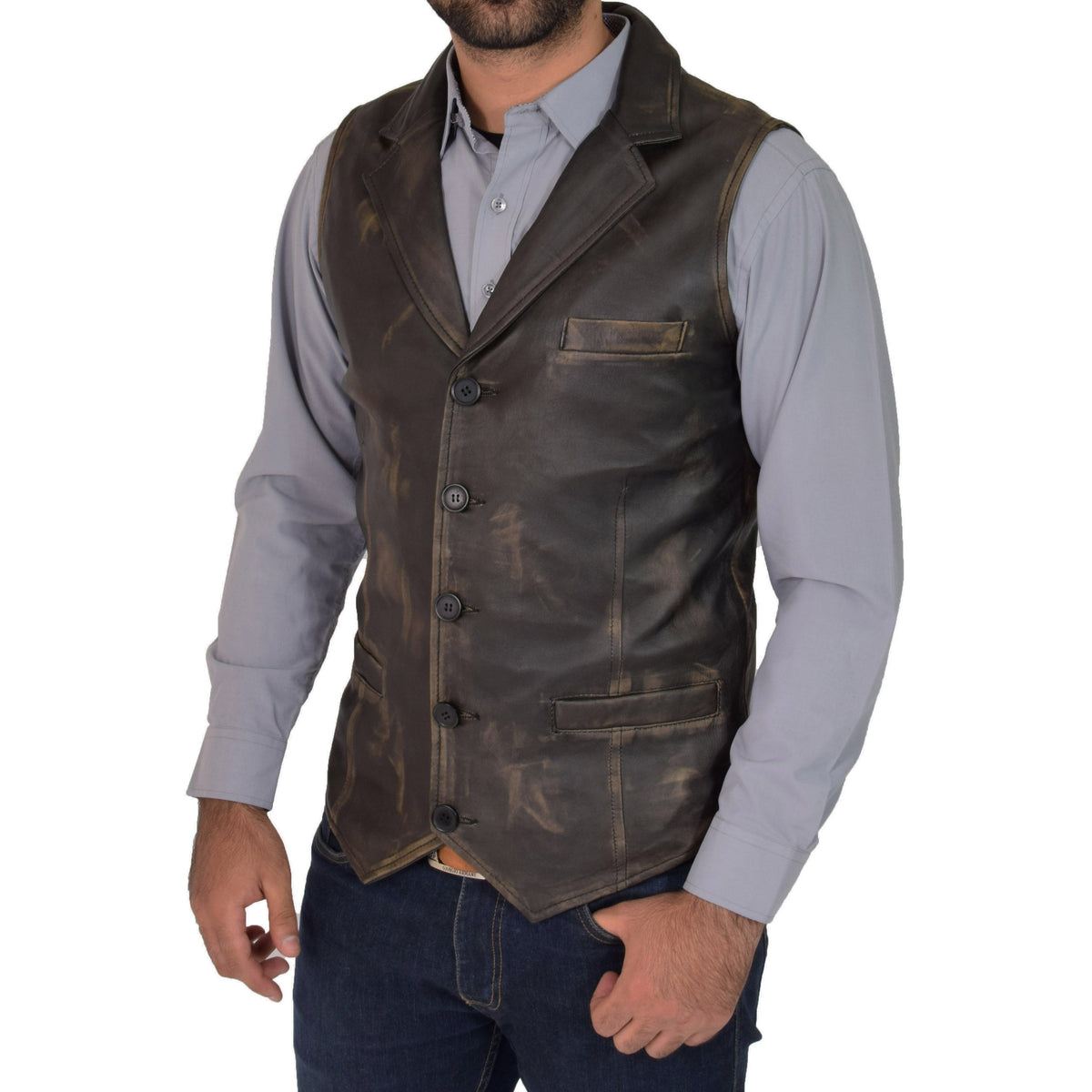 Mens Leather Buttoned Waistcoat Gilet Calvin Rub Off - genuine leather vest with three outer pockets