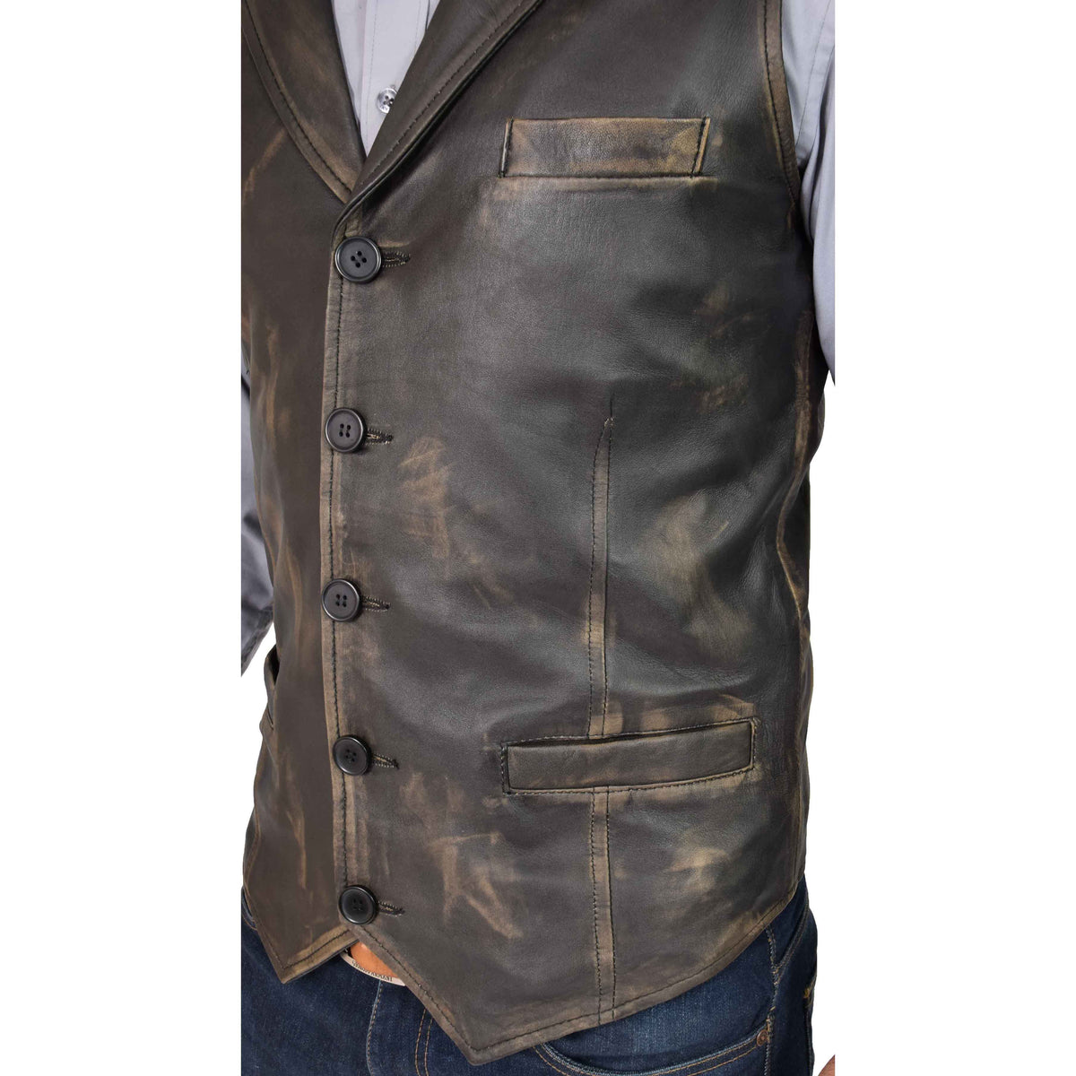 Mens Leather Buttoned Waistcoat Gilet Calvin Rub Off - genuine leather vest with three outer pockets