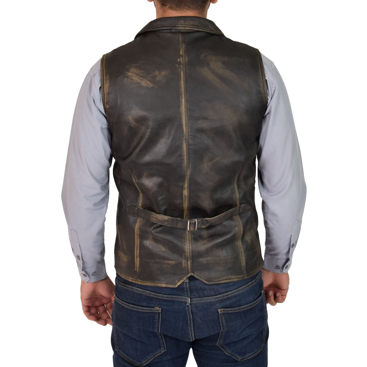 Mens Leather Buttoned Waistcoat Gilet Calvin Rub Off - genuine leather vest with gilet