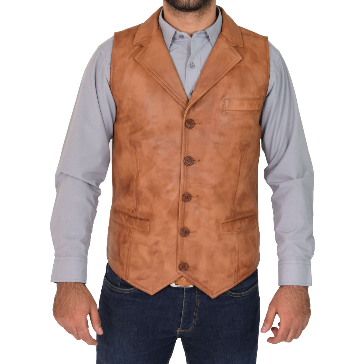 Mens Leather Buttoned Waistcoat Gilet Calvin Tan - genuine leather vest in tan with gilet