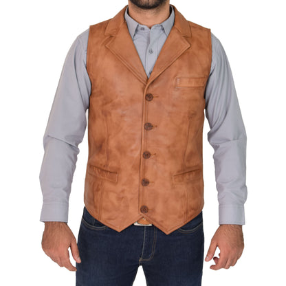 Mens Leather Buttoned Waistcoat Gilet Calvin Tan - genuine leather vest in tan with gilet