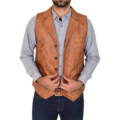 Mens Leather Buttoned Waistcoat Gilet Calvin Tan - genuine leather vest in tan with three outer pockets