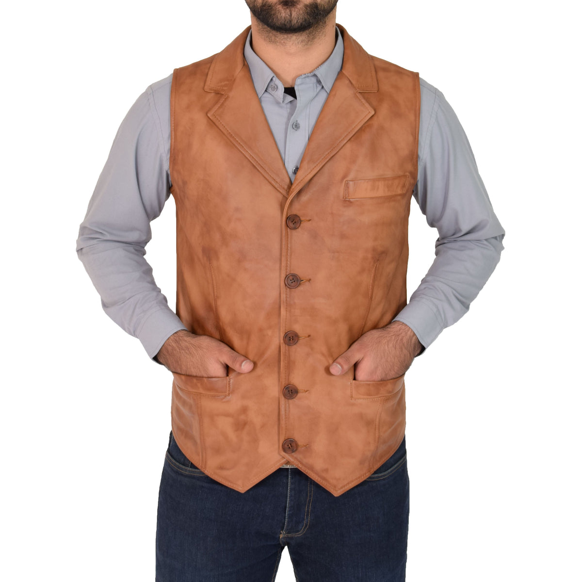 Mens Leather Buttoned Waistcoat Gilet Calvin Tan - genuine leather vest in tan with waistcoat