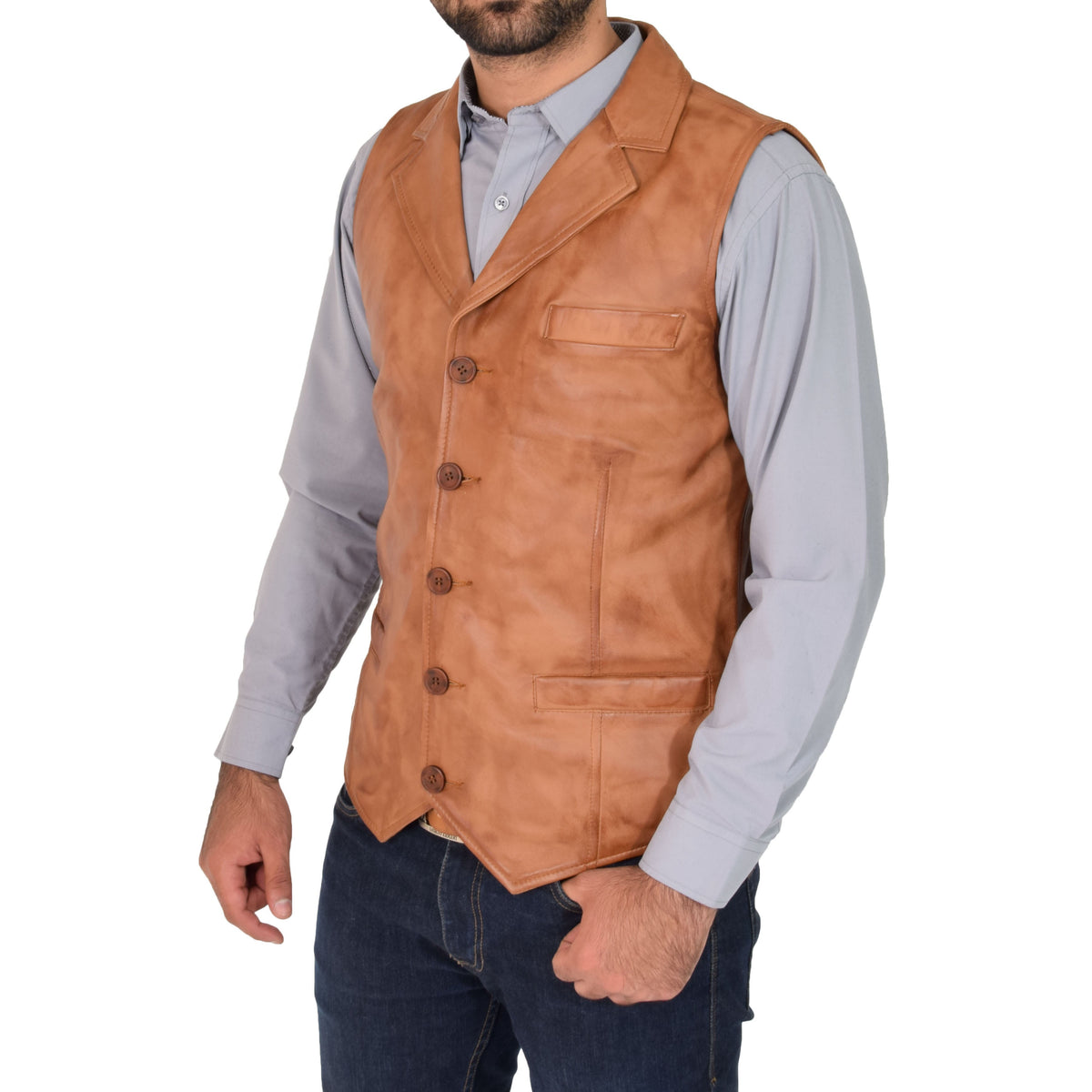 Mens Leather Buttoned Waistcoat Gilet Calvin Tan - genuine leather vest in tan with three outer pockets